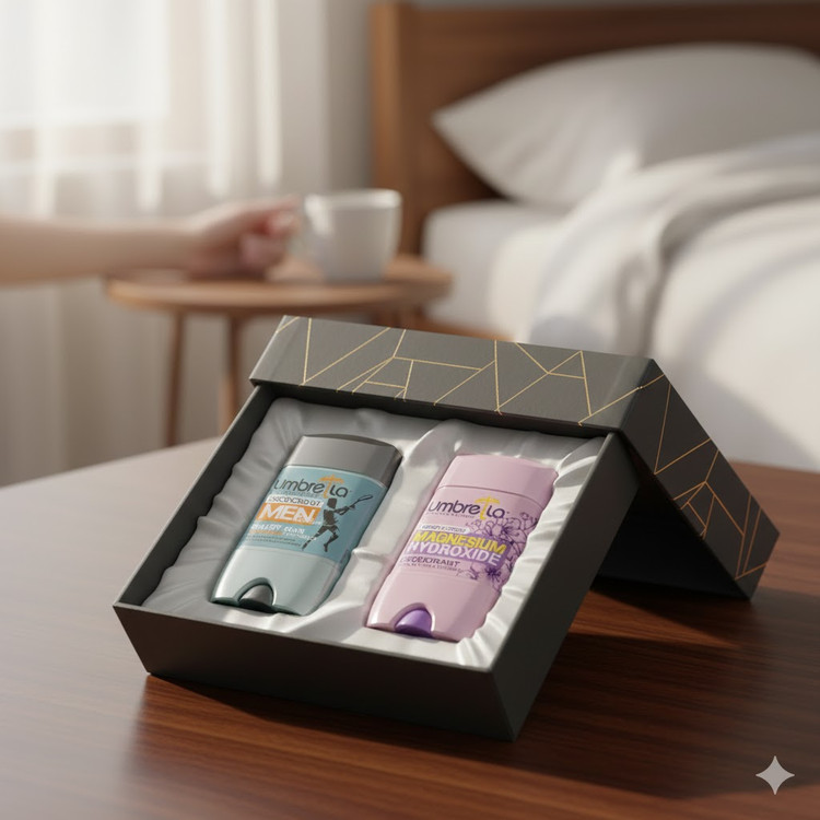 پک دوتایی دئودورانت جامد آمبرلا (Umbre La) حاوی مدل زنانه Energy+Fresh (صورتی) و مدل مردانه Smart Man Fashion (آبی روشن)