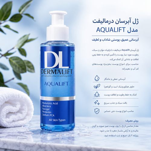 ✅ ژل آبرسان درمالیفت مدل AquaLift مناسب انواع پوست حجم ۱۵۰ میلیلیتر